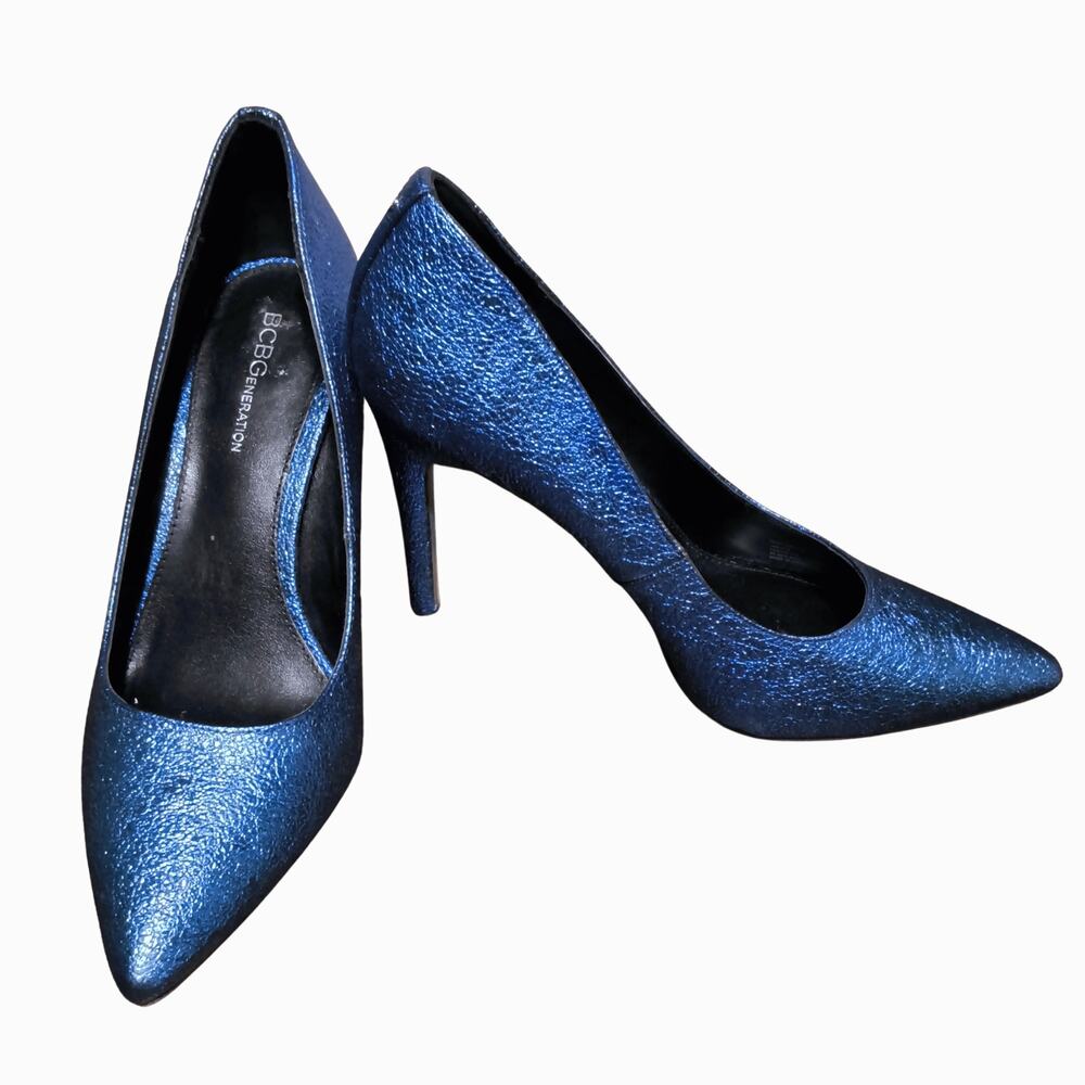 BCBGeneration Blue Metallic SZ 10 women Pointed Toe Heels Pumps Stiletto
